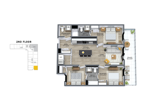 Floor plan for 3 beds, 2.5 baths, 1196 sqft